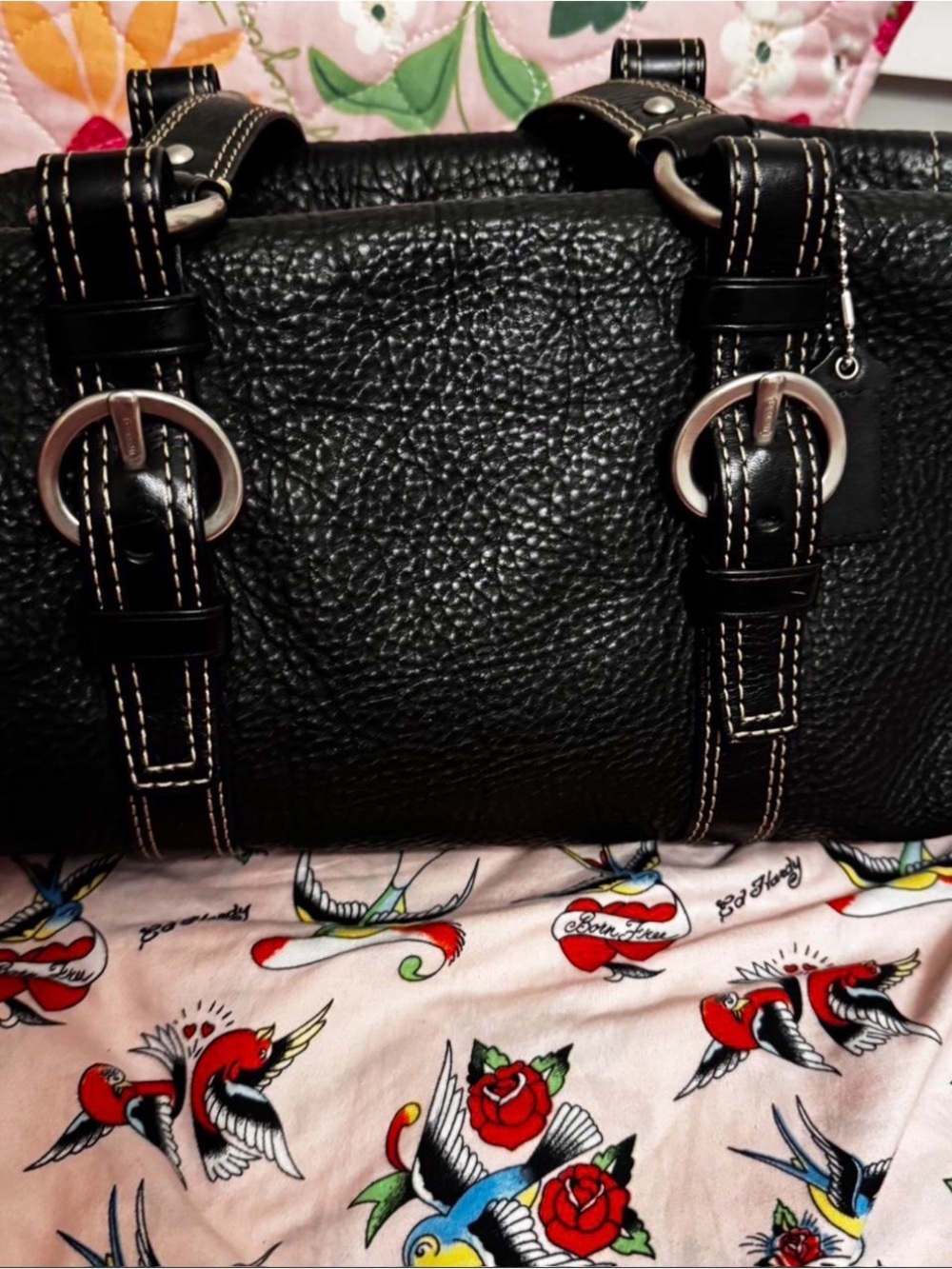 Coach Black Textured Leather Satchel with Contrast Stitching